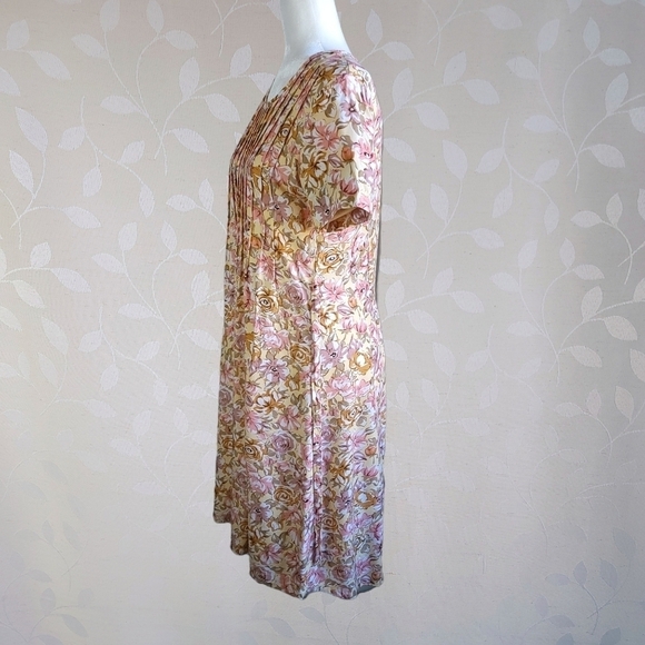 Vintage 90s Romantic Floral Pleat Front Knee Length Dress Bentley Yellow Pink 6 - Picture 3 of 16